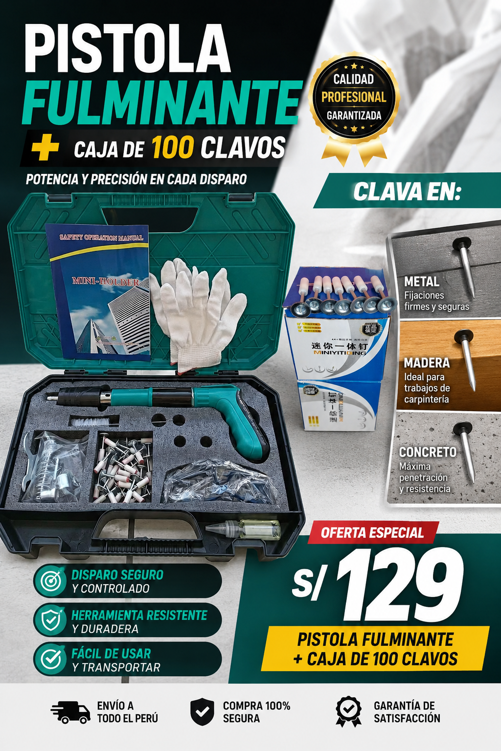 👷‍♂️🔫 PISTOLA FULMINANTE + CAJA📦 DE 100 CLAVOS GRATIS🎁🎁👷‍♂️
