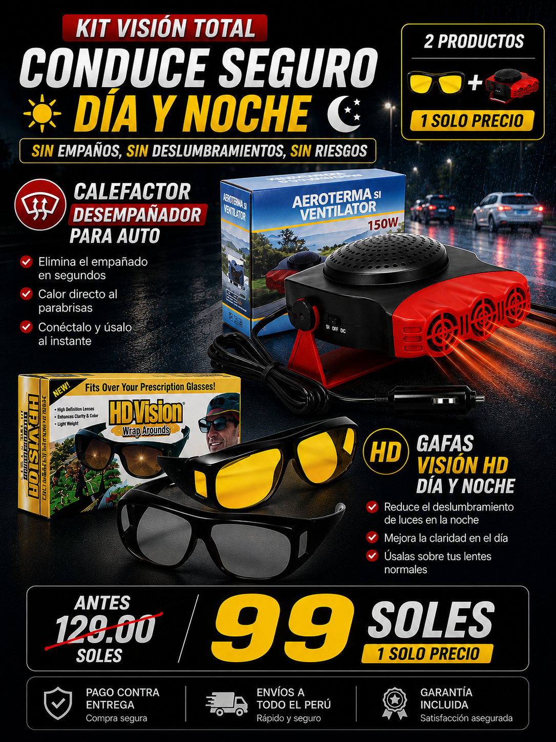 DESEMPAÑADOR Y CALEFACTOR 200W 12/24V + LENTES DE CONDUCCION 2 EN 1 HD) 🚗”